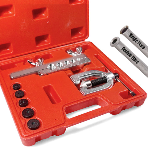 Double & Single Flaring Tool Kit for Brake Line and Brass Tubing Tool with Extra Adapters, 45 Degrees, Red