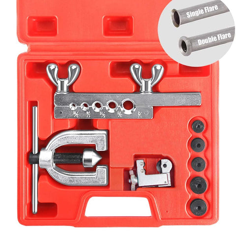 Double & Single Flaring Tool Kit for Brake Line and Brass Tubing Tool with Extra Adapters, 45 Degrees, Red