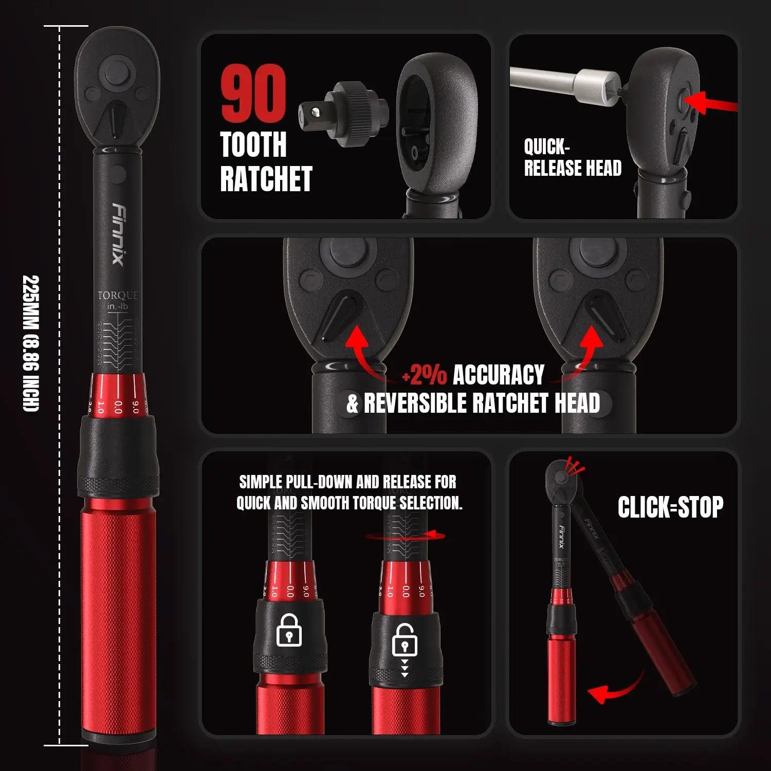 Finnix 1/4-inch Torque Wrench Set | 10-150 in.-lb.| 90-Tooth Gear (18 Pcs)