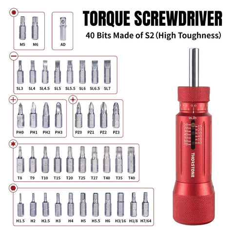 Thorstone 1/4-inch Torque Screwdriver Wrench Set | 10 to 70 Inch-Pounds | 40 Interchangeable S2 Bits