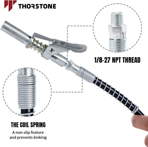 Thorstone 18 Inch Spring Flex Hose & Lock Coupler Set for Grease Gun